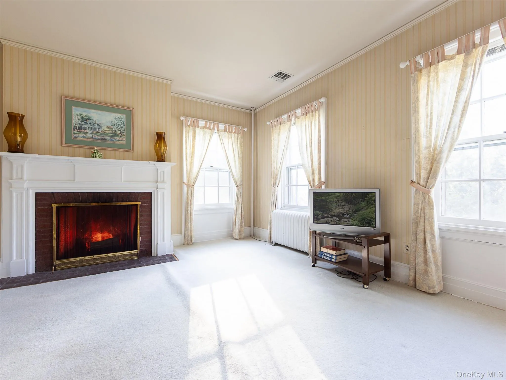 Living area featuring carpet flooring, crown molding, a fireplace, radiator, and plenty of natural light Living area featuring carpet flooring, crown molding, a fireplace, radiator, and plenty of natural light