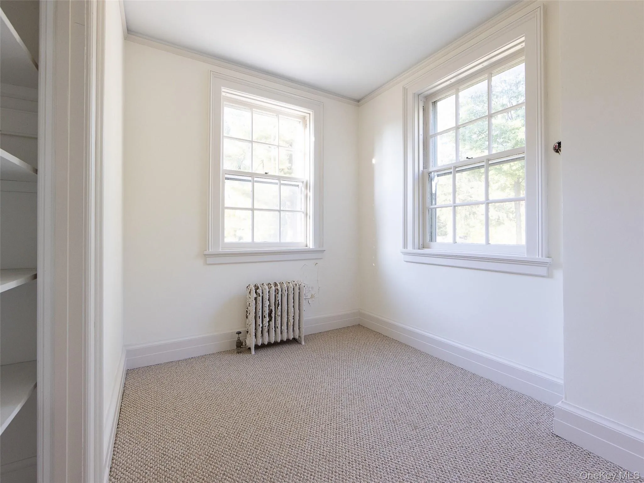 Empty room featuring light colored carpet, radiator, and ornamental molding Empty room featuring light colored carpet, radiator, and ornamental molding