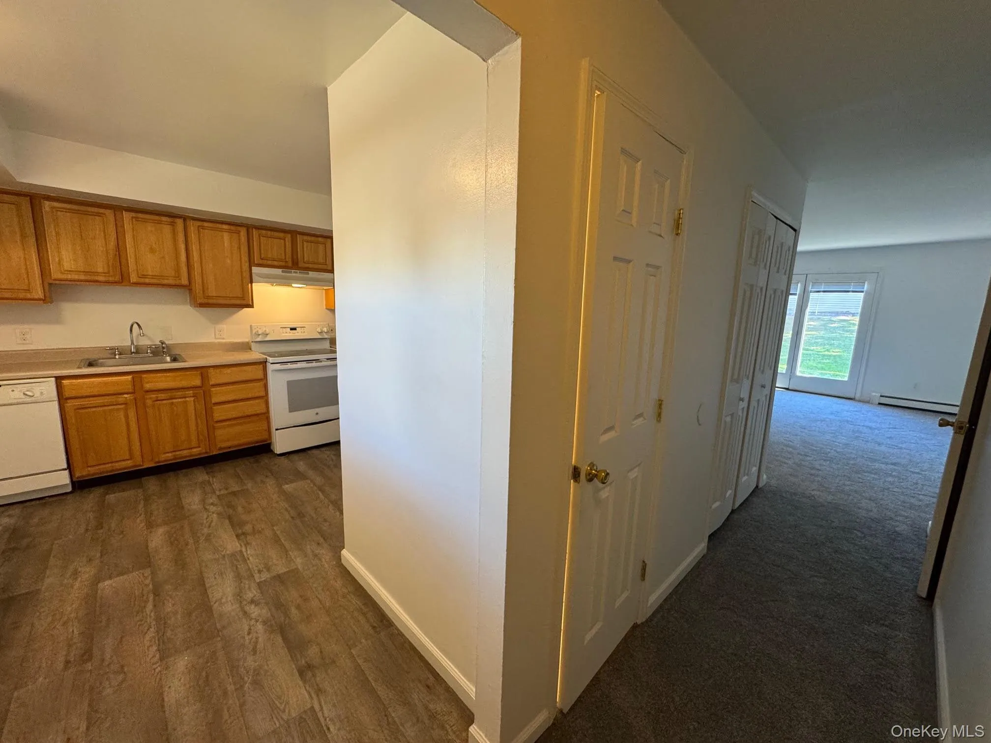 Corridor with dark wood-type flooring, baseboard heating, and dark carpet Corridor with dark wood-type flooring, baseboard heating, and dark carpet