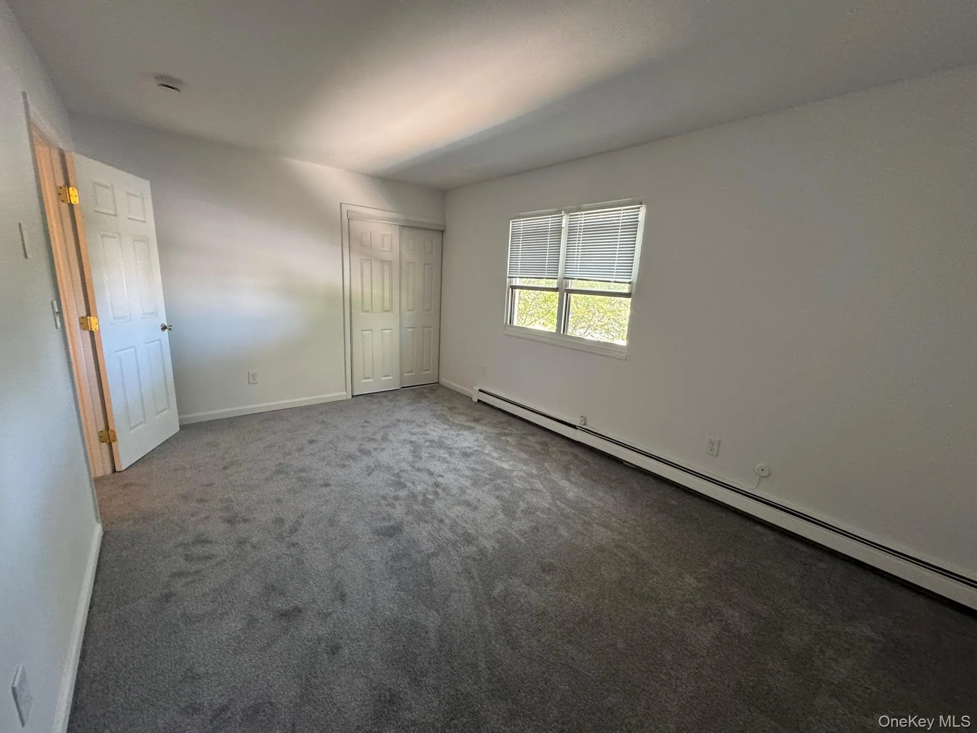 Unfurnished bedroom with a baseboard radiator, carpet, and a closet Unfurnished bedroom with a baseboard radiator, carpet, and a closet