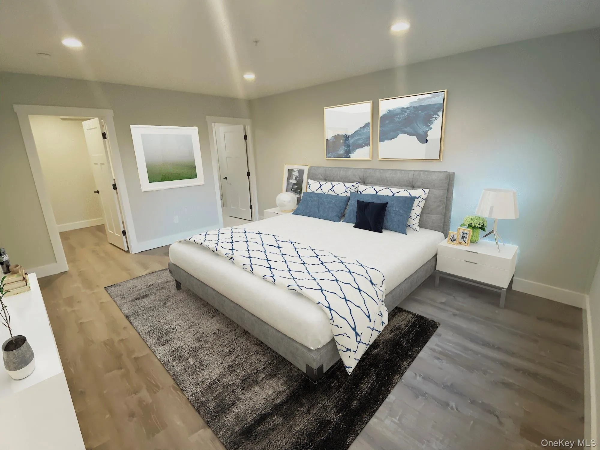 Bedroom with recessed lighting and wood finished floors (virtual staging) Bedroom with recessed lighting and wood finished floors (virtual staging)
