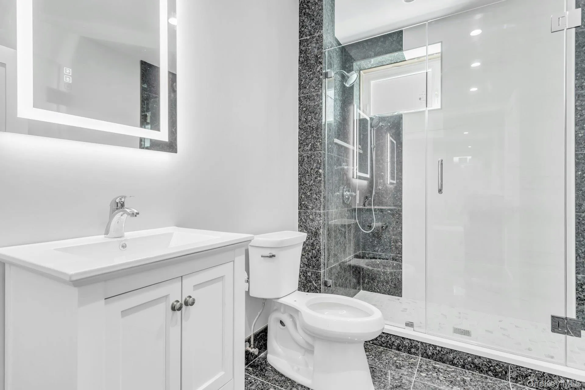 Bathroom featuring a shower stall and vanity Bathroom featuring a shower stall and vanity