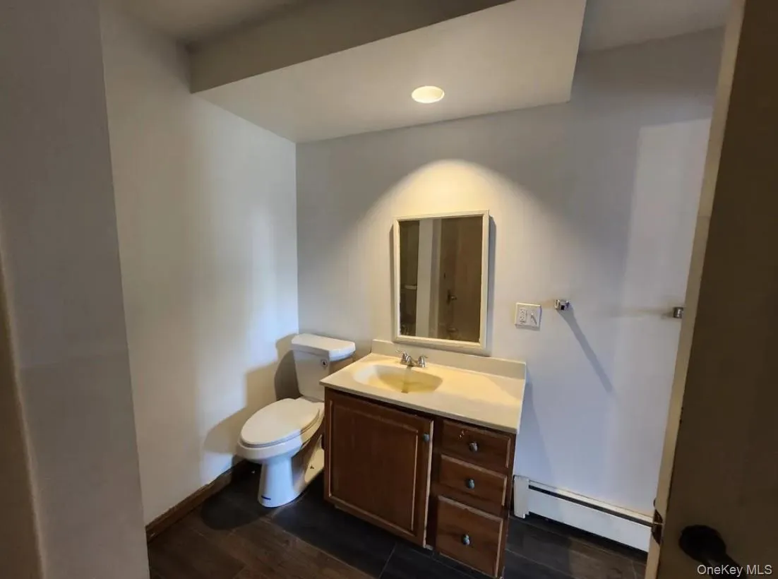 Bathroom featuring a baseboard heating unit, vanity, dark wood-style floors, and recessed lighting Bathroom featuring a baseboard heating unit, vanity, dark wood-style floors, and recessed lighting
