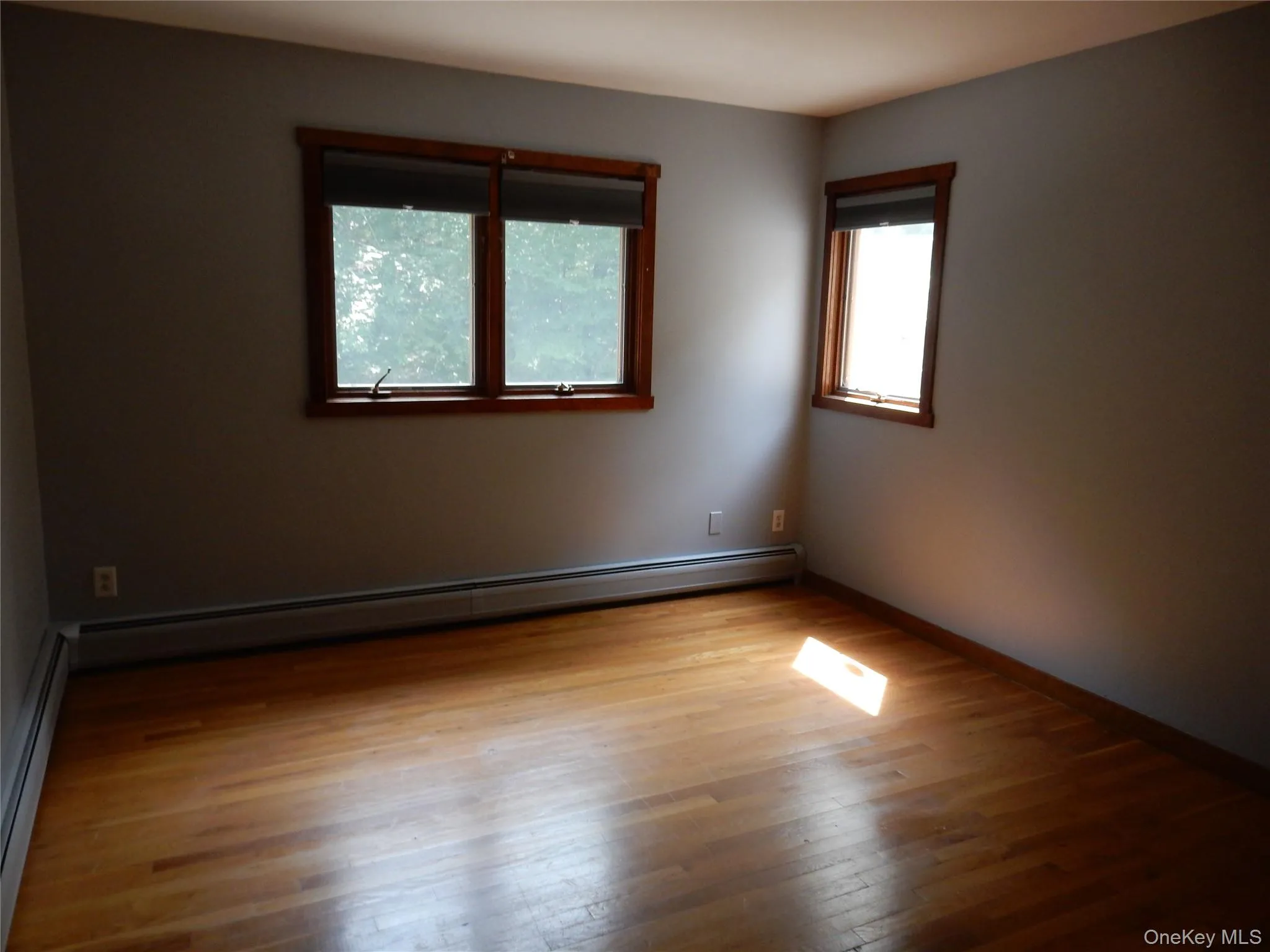 Empty room featuring wood-type flooring and baseboard heating Empty room featuring wood-type flooring and baseboard heating