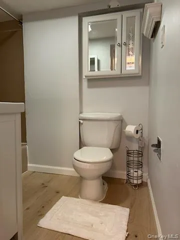 Full bathroom with light wood-type flooring, a shower, and vanity Full bathroom with light wood-type flooring, a shower, and vanity