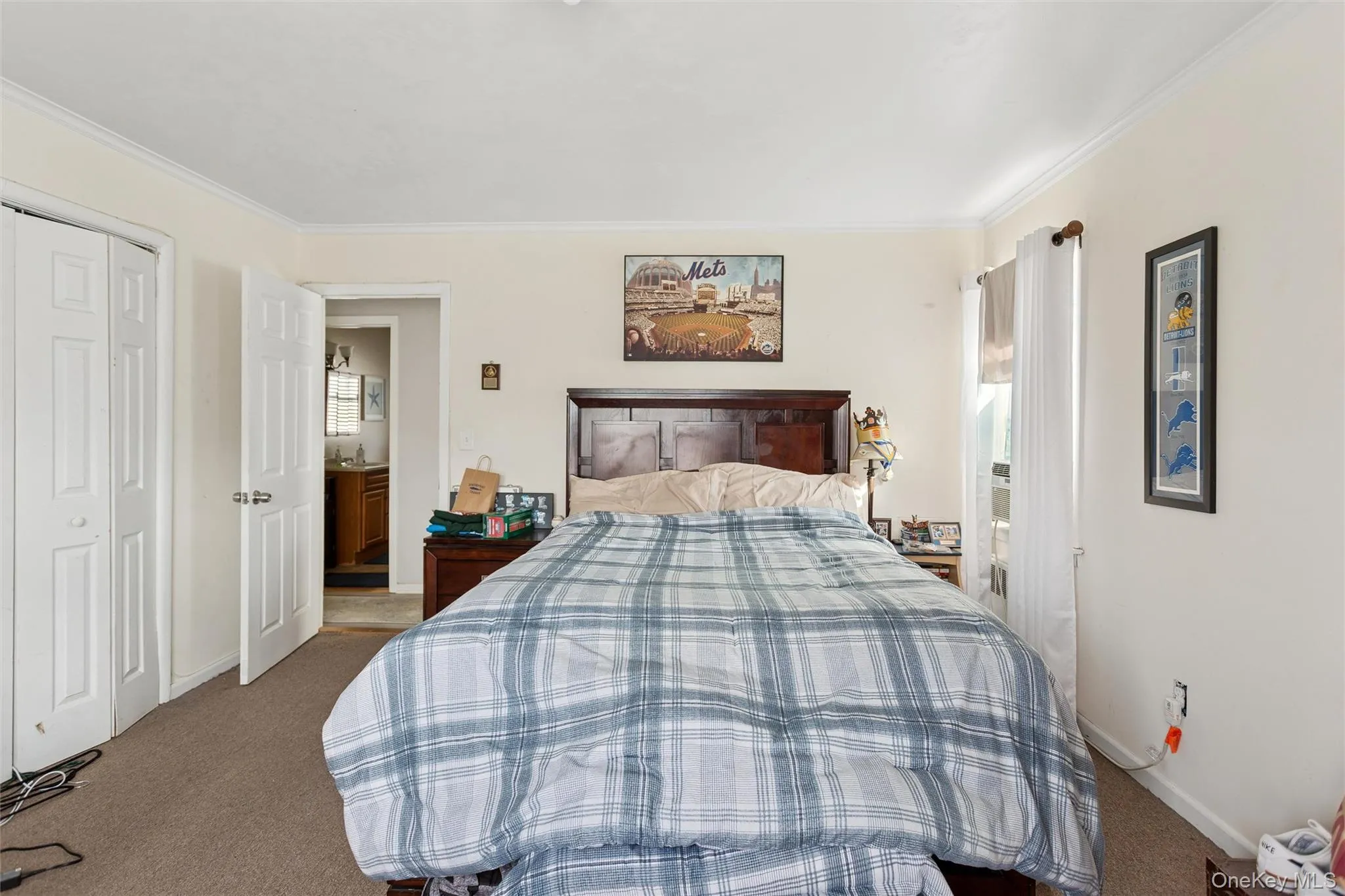 Bedroom featuring carpet floors, ornamental molding, and a closet Bedroom featuring carpet floors, ornamental molding, and a closet