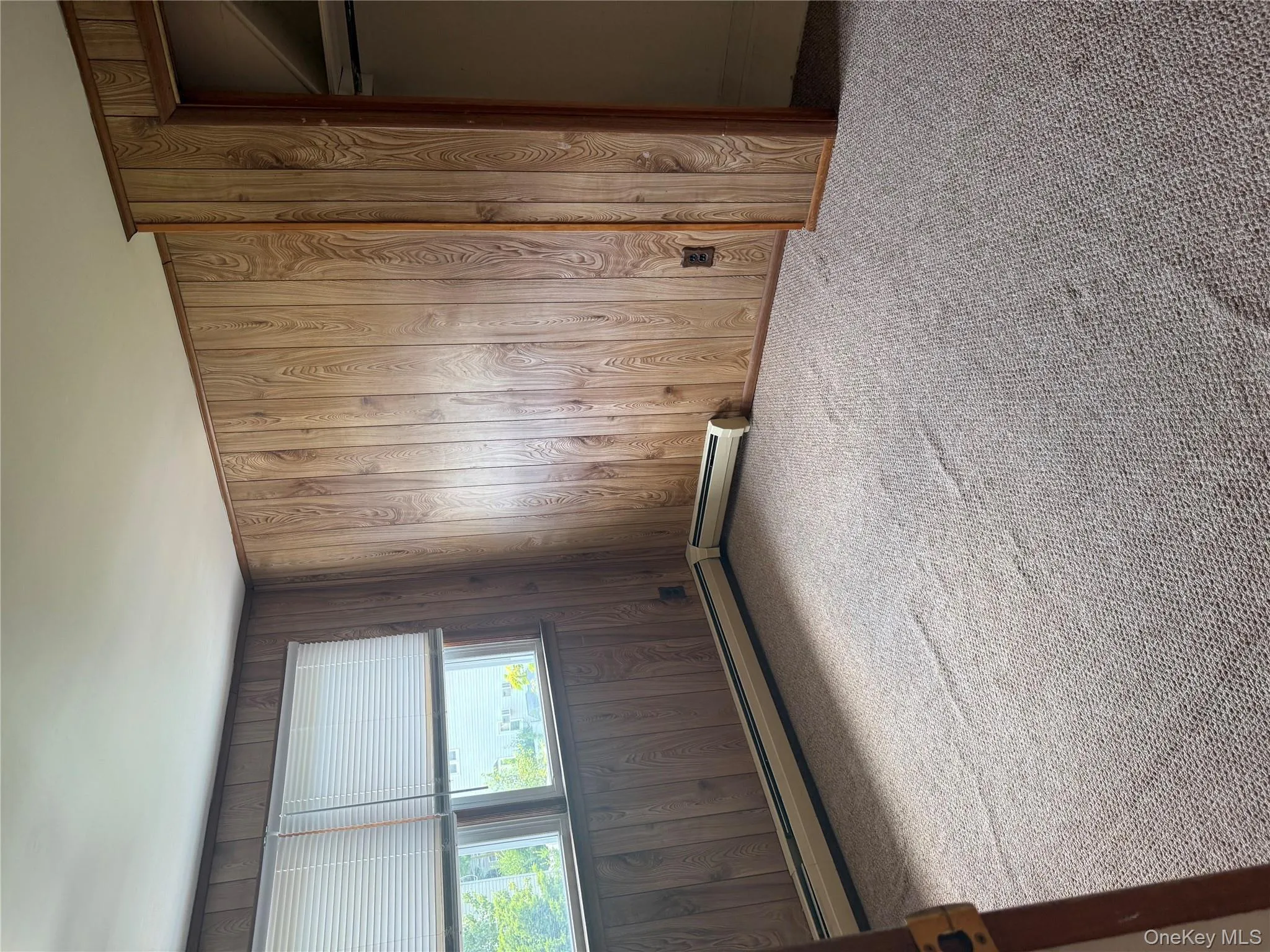 Unfurnished bedroom featuring wood walls, carpet floors, and baseboard heating Unfurnished bedroom featuring wood walls, carpet floors, and baseboard heating