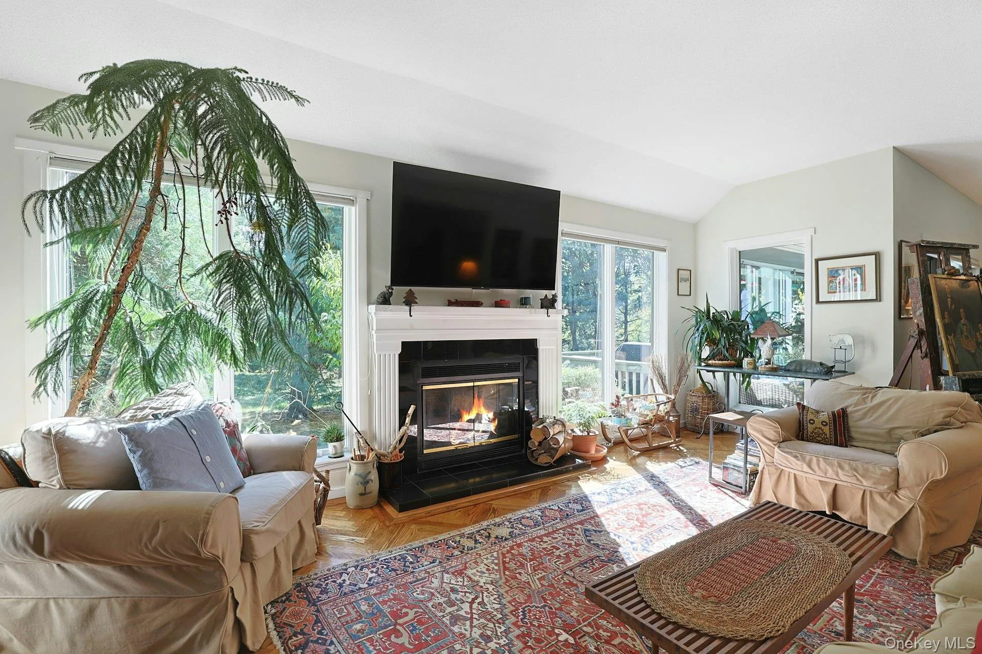 Living room featuring a glass covered fireplace and lofted ceiling Living room featuring a glass covered fireplace and lofted ceiling
