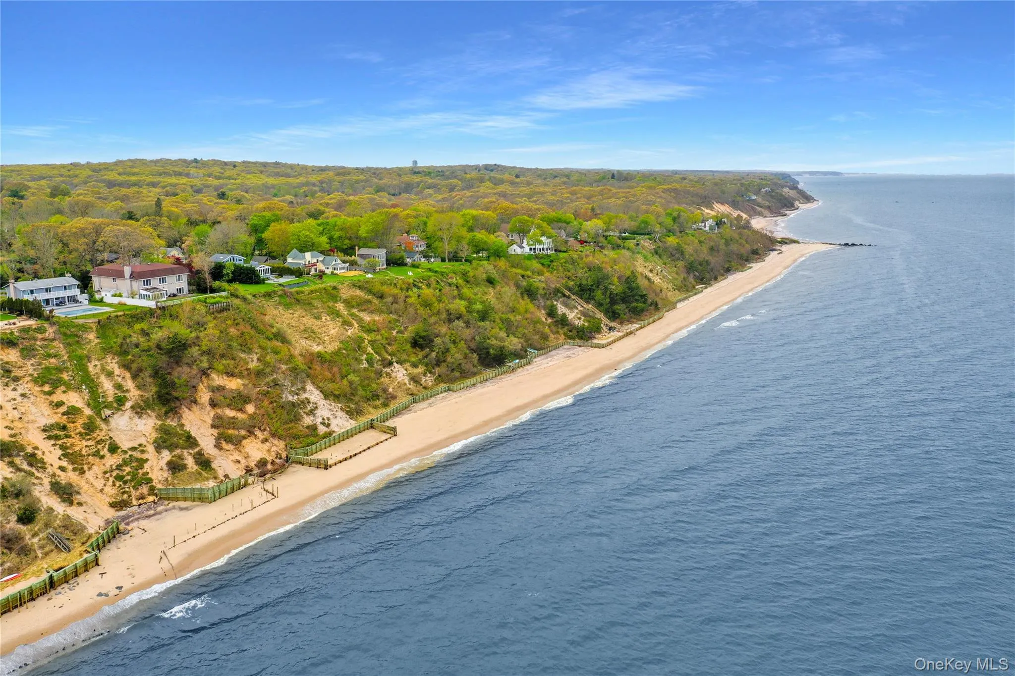 Aerial view of waterfront with a beach and a forest Aerial view of waterfront with a beach and a forest