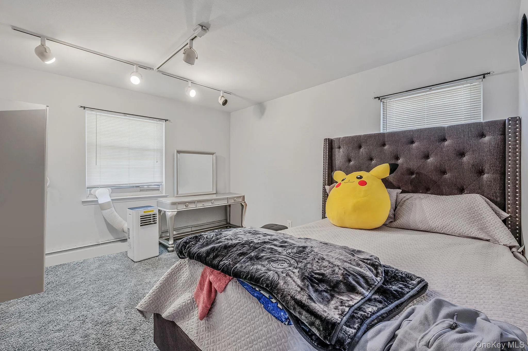 Carpeted bedroom featuring multiple windows, track lighting, and a baseboard heating unit Carpeted bedroom featuring multiple windows, track lighting, and a baseboard heating unit