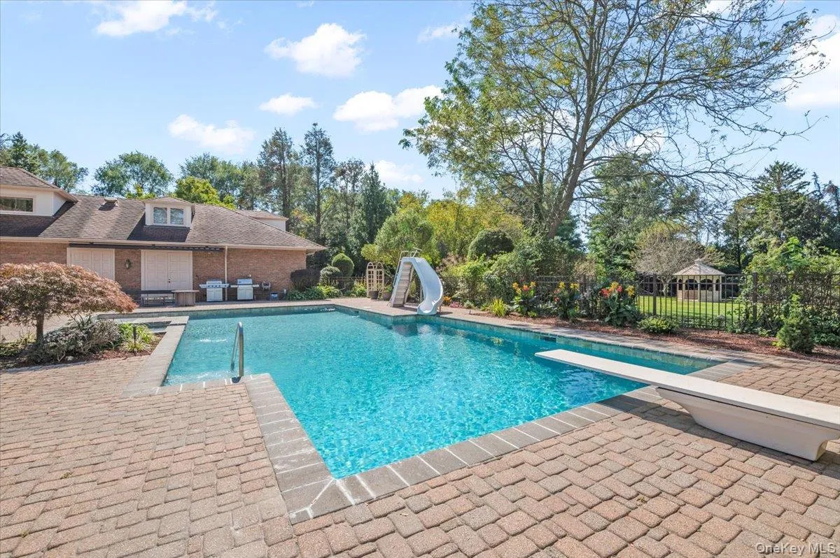 View of pool featuring a water slide, a patio area, a diving board, and grilling area View of pool featuring a water slide, a patio area, a diving board, and grilling area