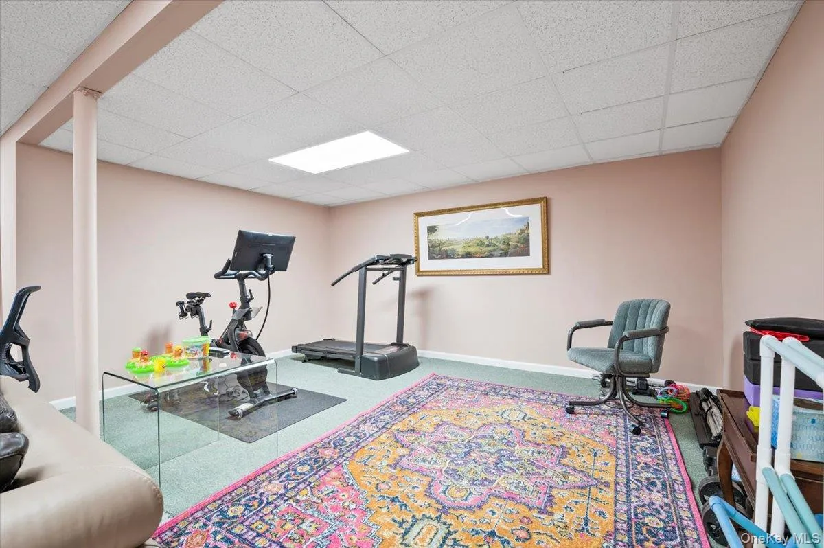Exercise area with carpet and a drop ceiling Exercise area with carpet and a drop ceiling