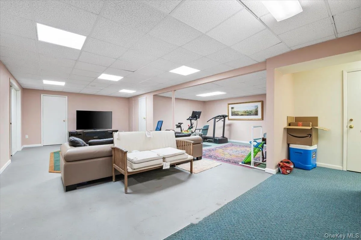 Carpeted living area featuring baseboards and a paneled ceiling Carpeted living area featuring baseboards and a paneled ceiling