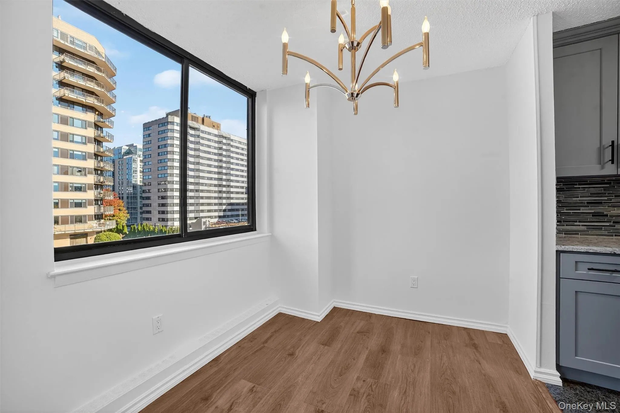 Unfurnished dining area featuring a city view, wood finished floors, and a chandelier Unfurnished dining area featuring a city view, wood finished floors, and a chandelier