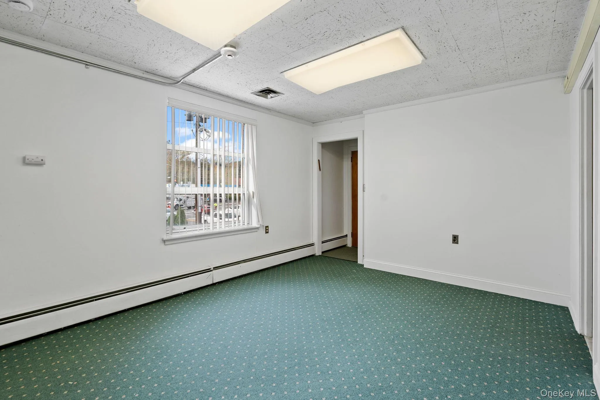 Empty room with a baseboard radiator and carpet flooring Empty room with a baseboard radiator and carpet flooring