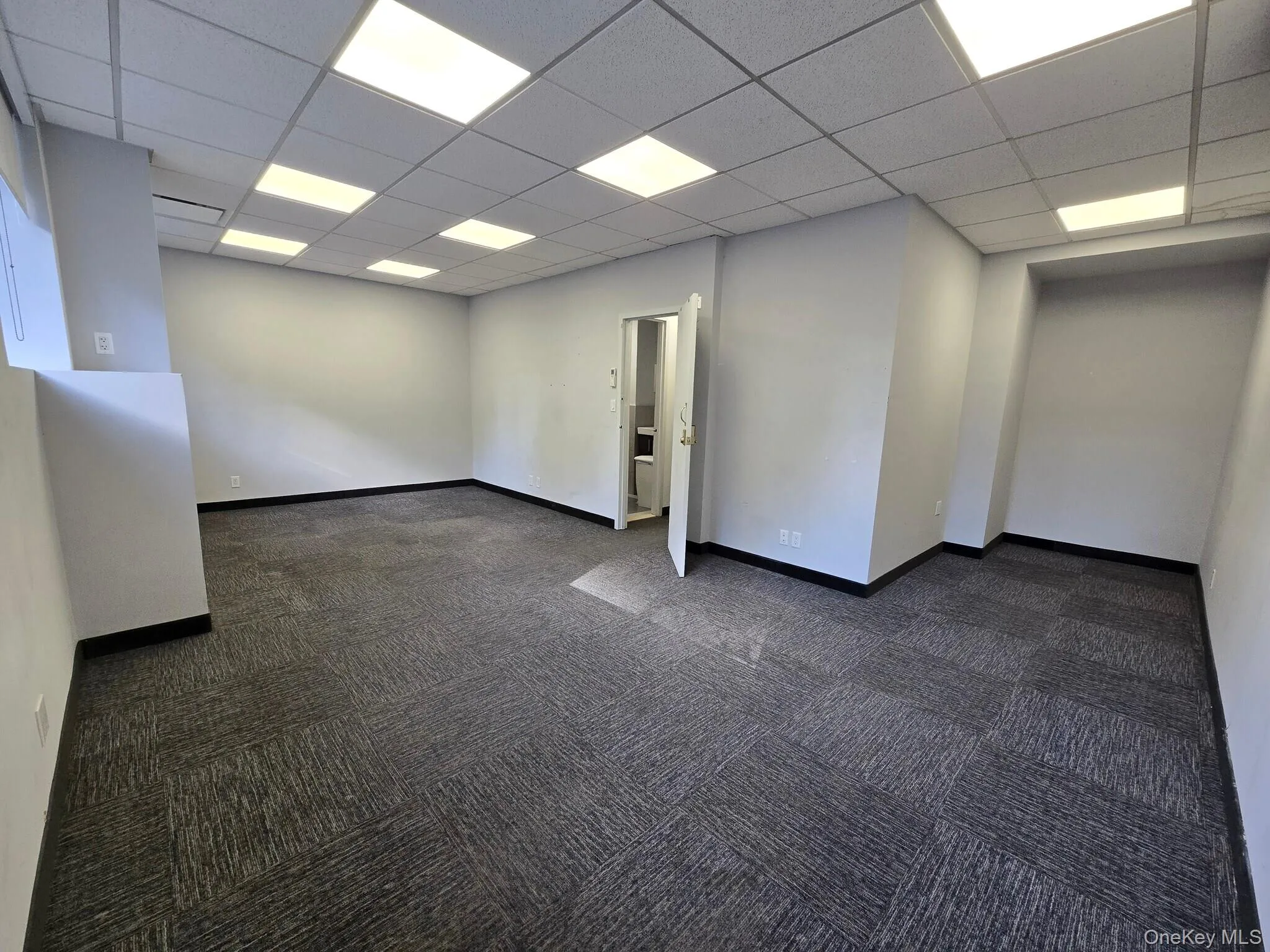 Empty room featuring dark colored carpet and a paneled ceiling Empty room featuring dark colored carpet and a paneled ceiling