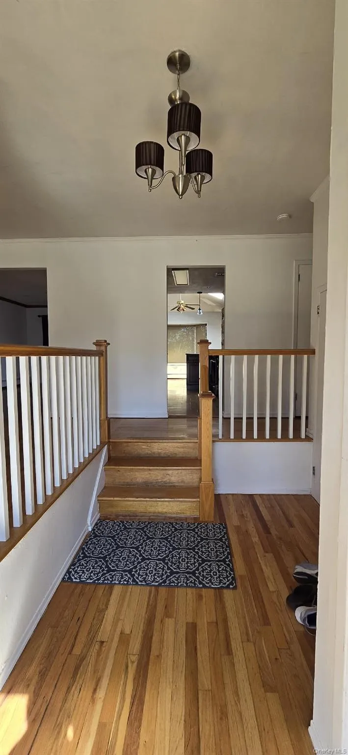 Entry foyer featuring wood-finish flooring, a contemporary chandelier, and a split-level staircase with wood railings and white balusters Entry foyer featuring wood-finish flooring, a contemporary chandelier, and a split-level staircase with wood railings and white balusters