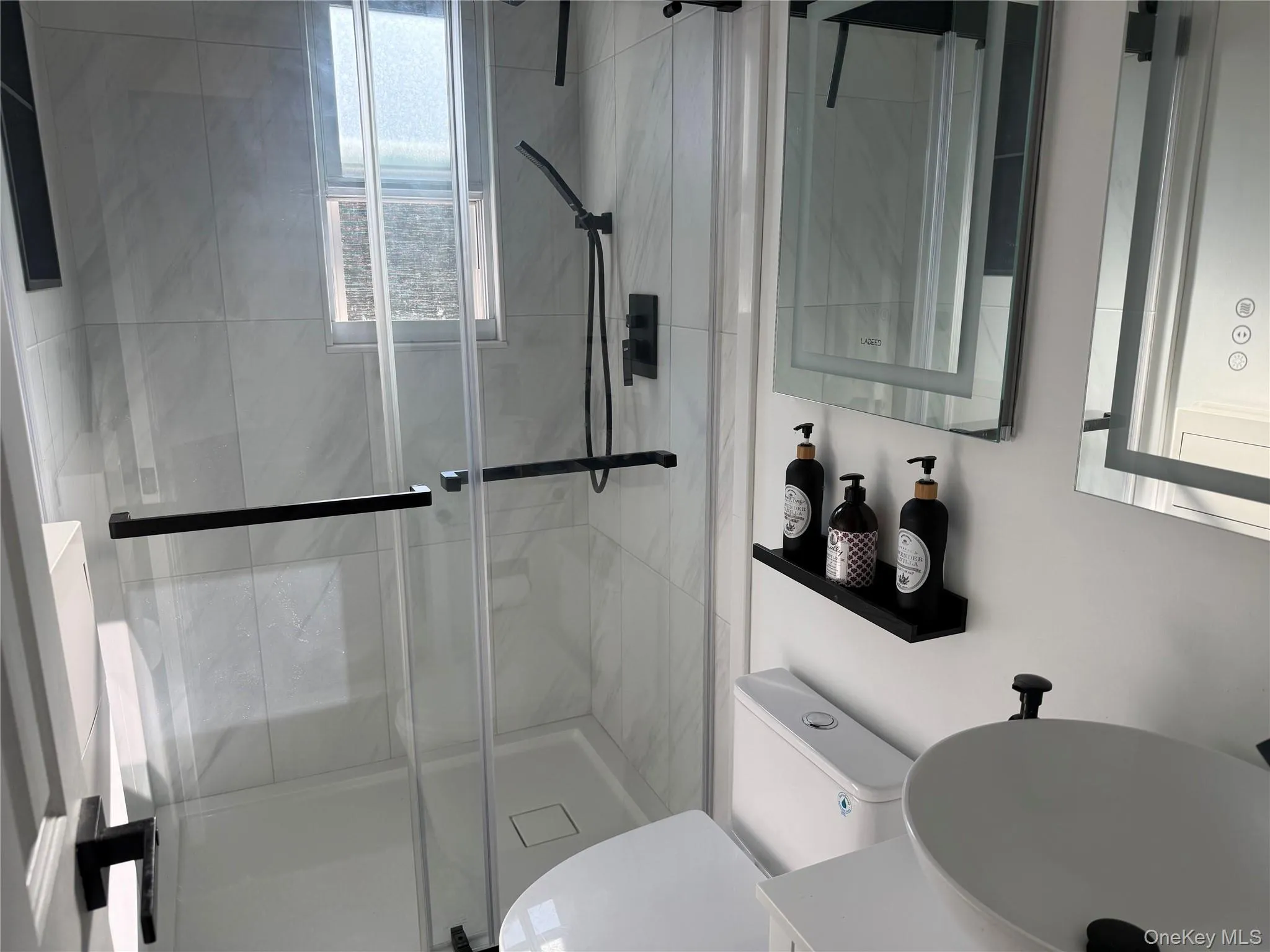 Hall bathroom with a shower stall and vanity Hall bathroom with a shower stall and vanity