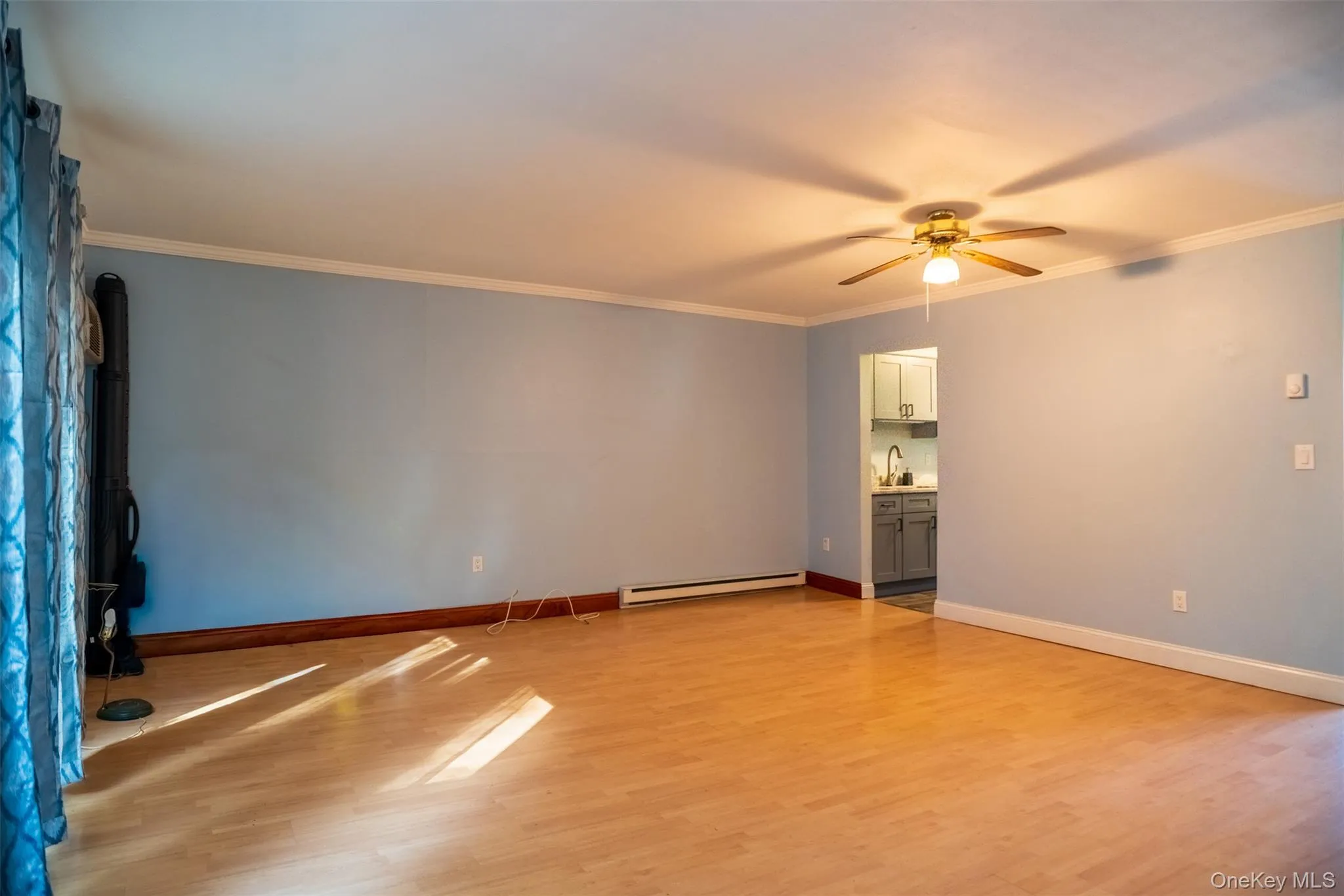 Spare room featuring ornamental molding, light wood-type flooring, ceiling fan, and baseboard heating Spare room featuring ornamental molding, light wood-type flooring, ceiling fan, and baseboard heating
