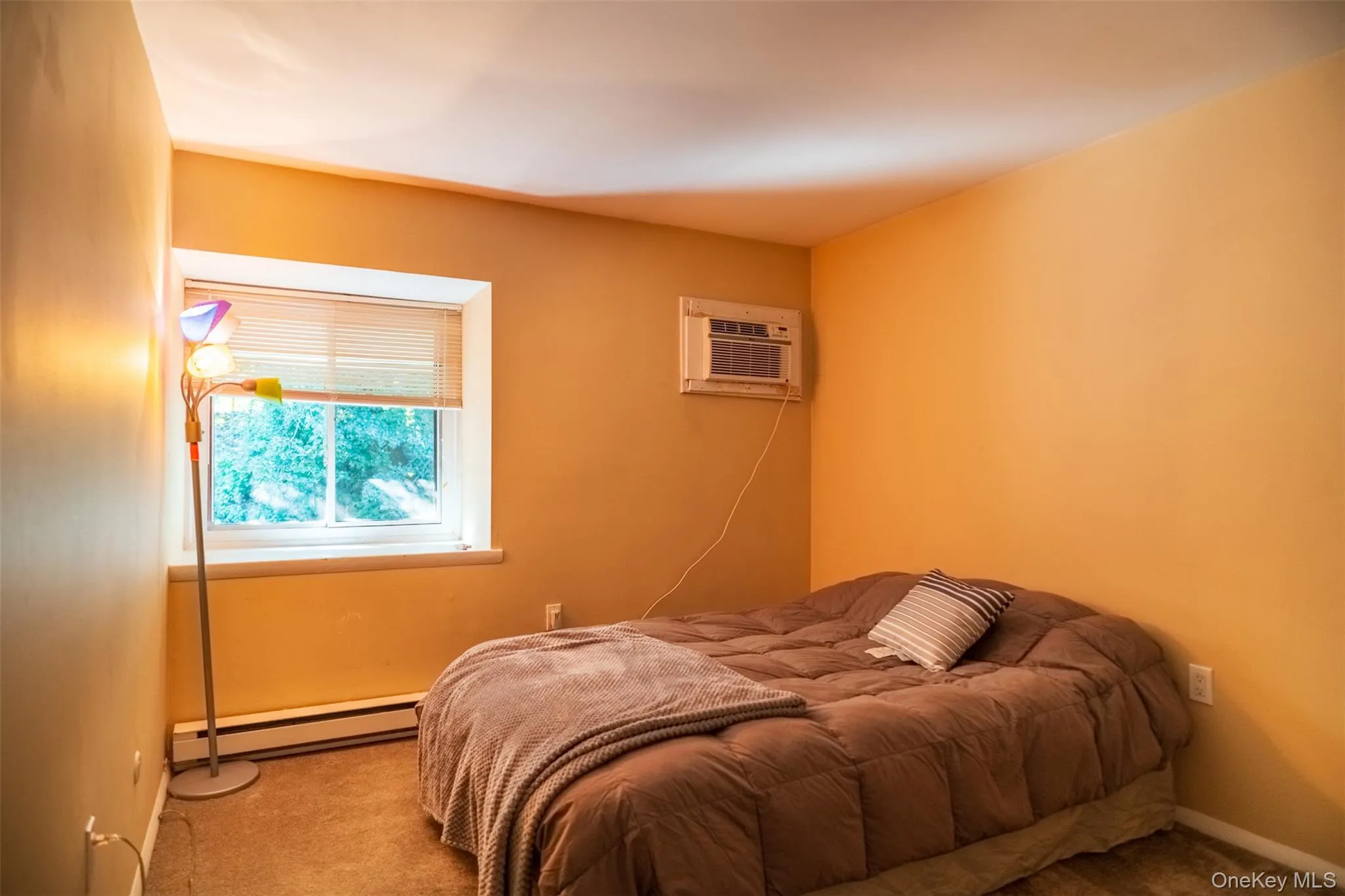 Bedroom with baseboard heating, carpet flooring, and a wall unit AC Bedroom with baseboard heating, carpet flooring, and a wall unit AC