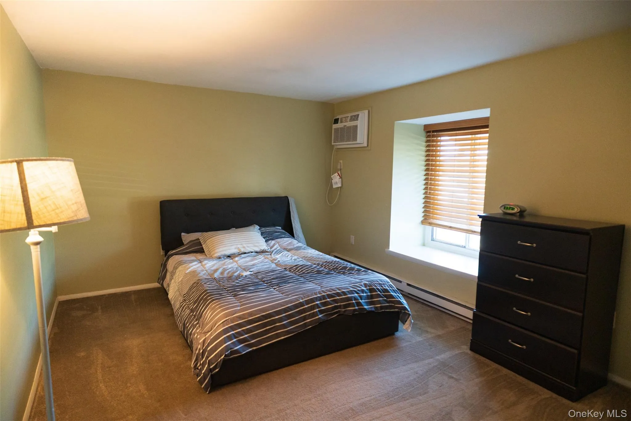 Carpeted bedroom with an AC wall unit and a baseboard heating unit Carpeted bedroom with an AC wall unit and a baseboard heating unit