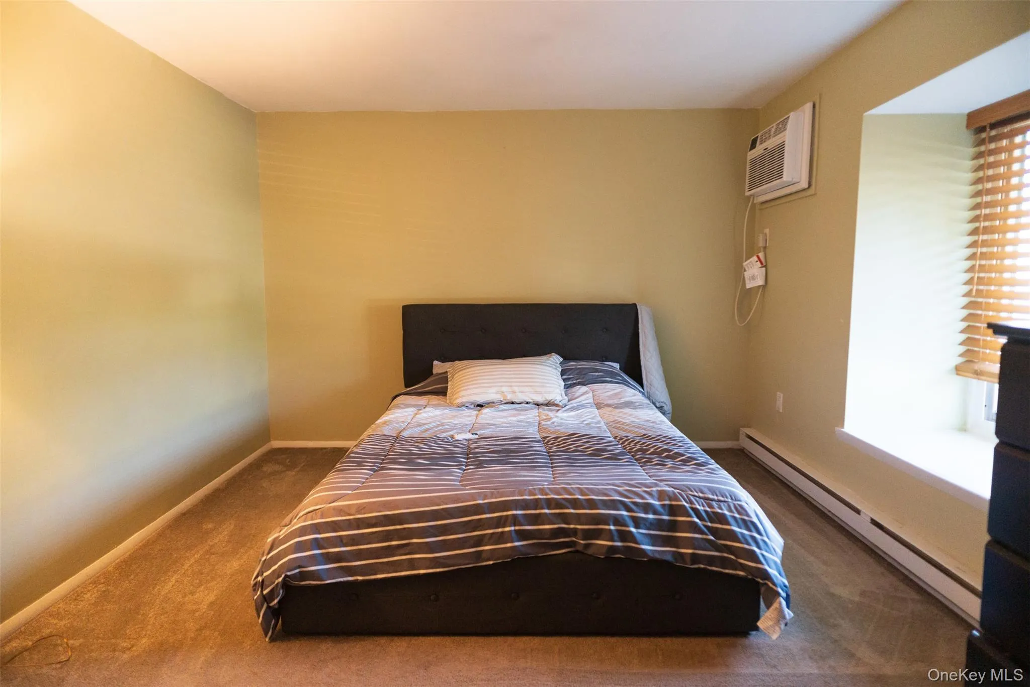 Carpeted bedroom with a baseboard radiator and a wall mounted AC Carpeted bedroom with a baseboard radiator and a wall mounted AC