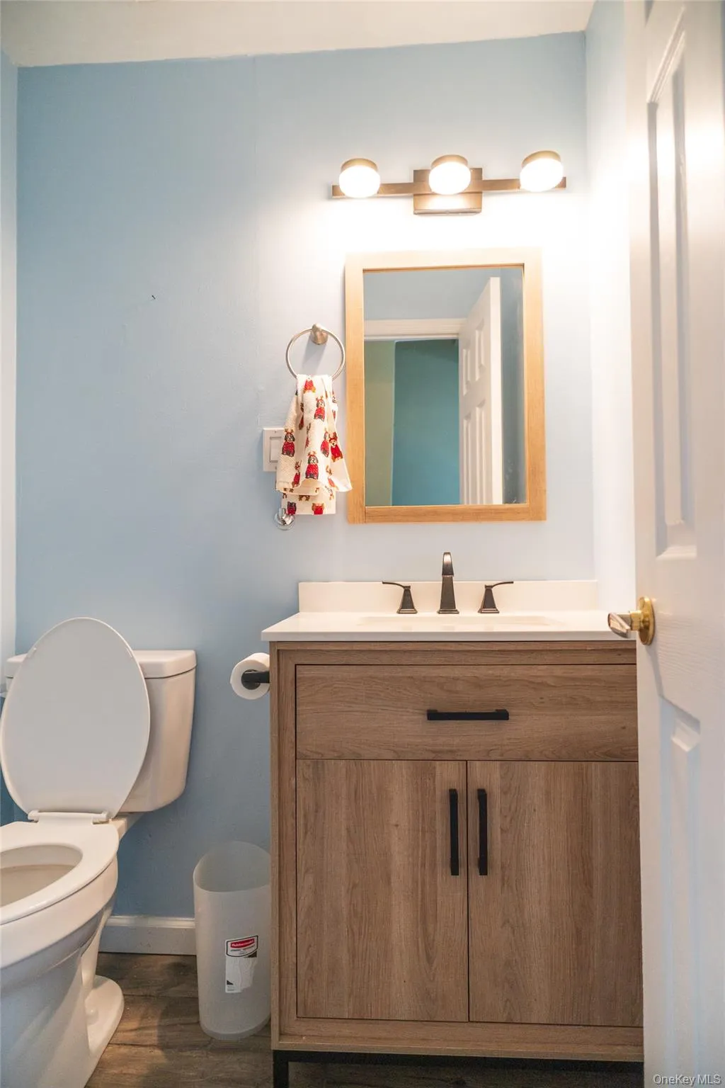 Half bathroom with vanity and dark wood-style floors Half bathroom with vanity and dark wood-style floors