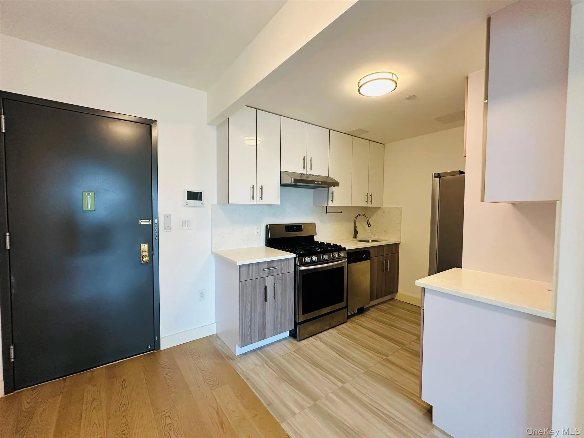 Kitchen featuring white cabinets, stainless steel appliances, light wood-style flooring, backsplash, and under cabinet range hood Kitchen featuring white cabinets, stainless steel appliances, light wood-style flooring, backsplash, and under cabinet range hood