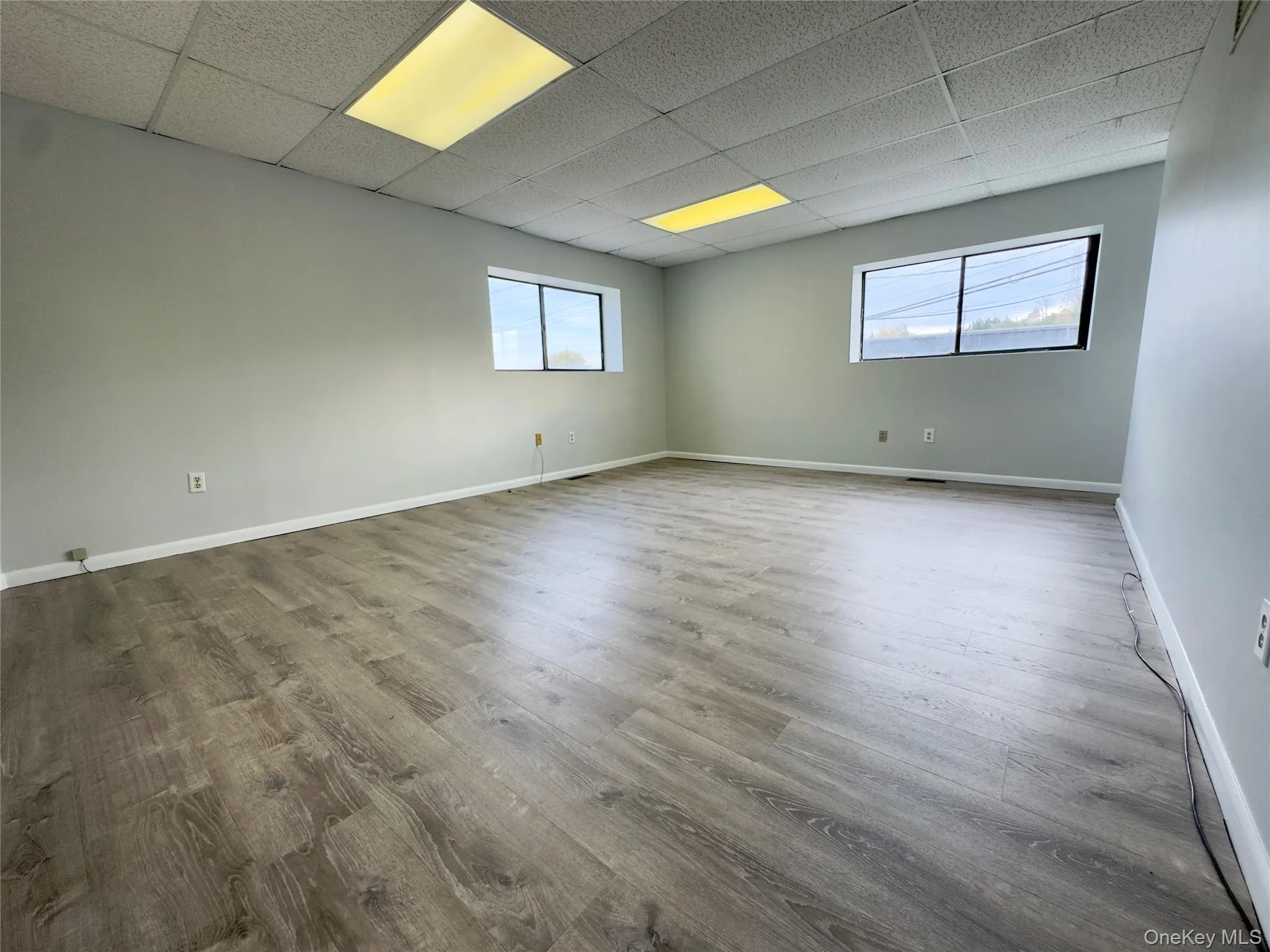 Unfurnished room with light wood-style floors, a paneled ceiling, and healthy amount of natural light Unfurnished room with light wood-style floors, a paneled ceiling, and healthy amount of natural light