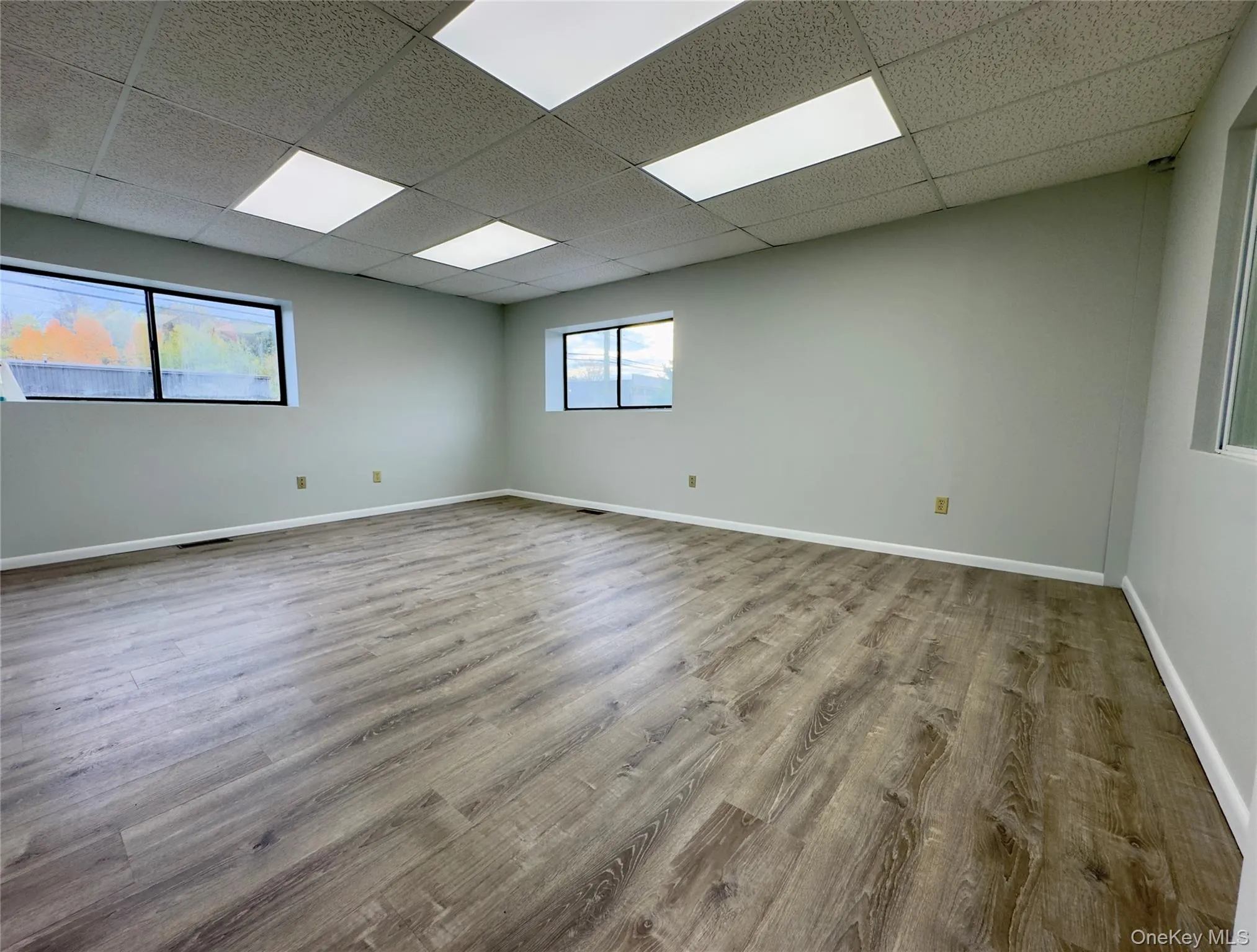 Spare room featuring light wood-type flooring and a paneled ceiling Spare room featuring light wood-type flooring and a paneled ceiling