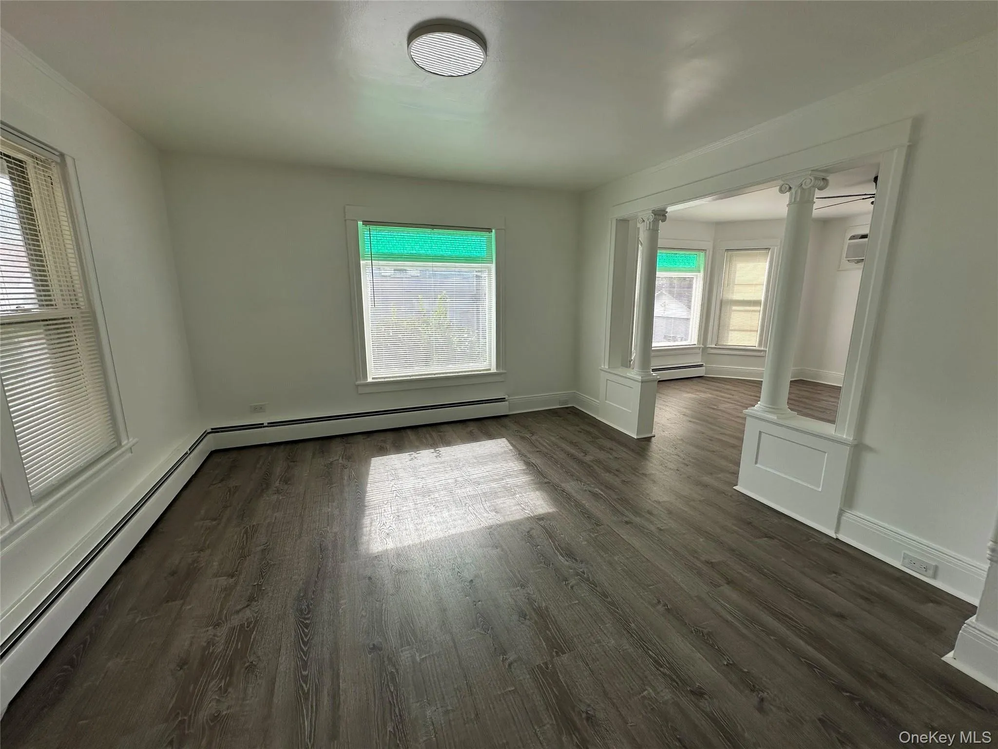 Spare room with ornate columns, a baseboard heating unit, and dark wood-style flooring Spare room with ornate columns, a baseboard heating unit, and dark wood-style flooring