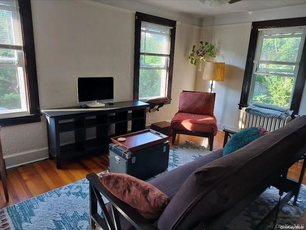 Living area with a textured wall, wood finished floors, healthy amount of natural light, and a ceiling fan Living area with a textured wall, wood finished floors, healthy amount of natural light, and a ceiling fan