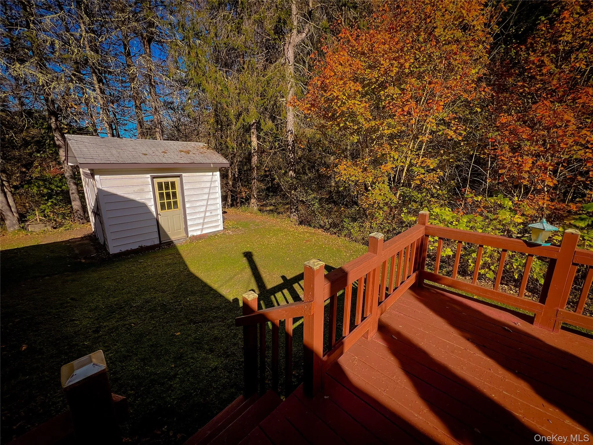 Deck featuring a yard and a storage unit Deck featuring a yard and a storage unit