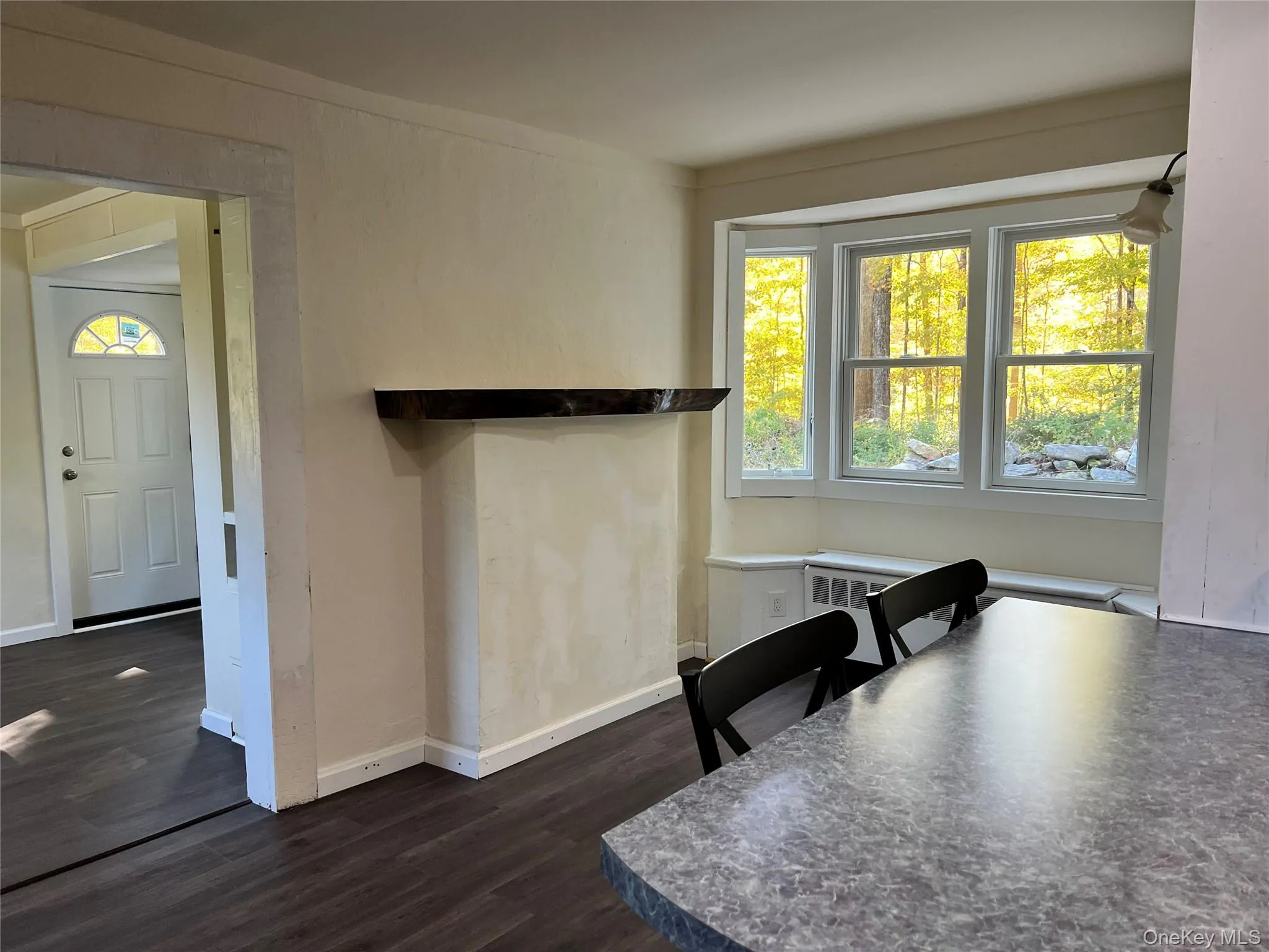 Dining room with healthy amount of natural light, dark wood finished floors, and radiator heating unit Dining room with healthy amount of natural light, dark wood finished floors, and radiator heating unit