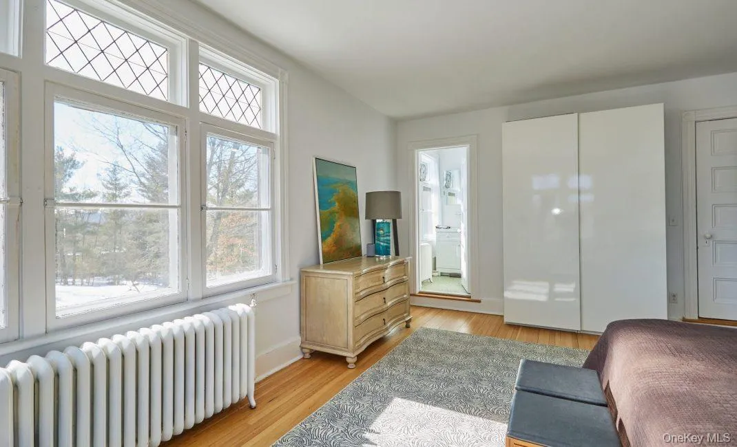 Living area with radiator and light wood finished floors Living area with radiator and light wood finished floors