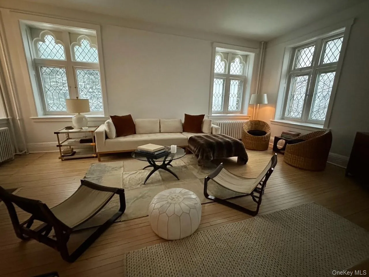 Living area with hardwood / wood-style floors, radiator, and plenty of natural light Living area with hardwood / wood-style floors, radiator, and plenty of natural light