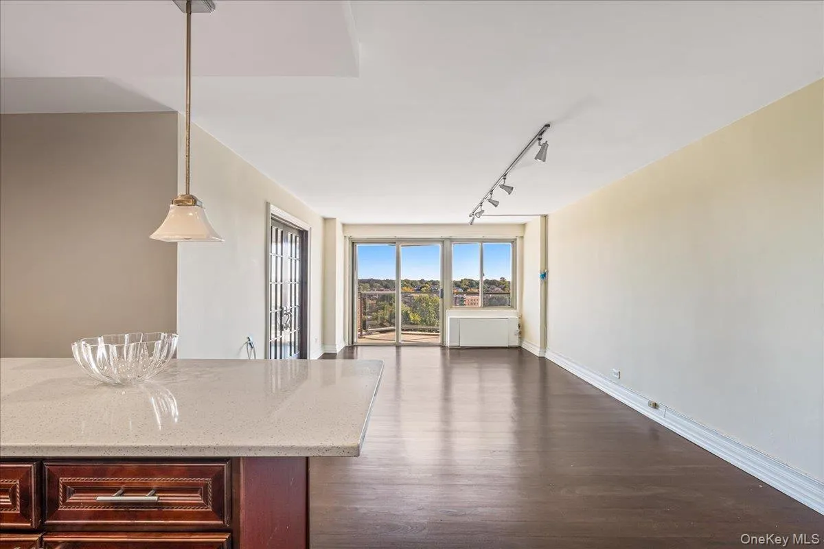 Kitchen with rail lighting, decorative light fixtures, dark wood-type flooring, light stone countertops, and open floor plan Kitchen with rail lighting, decorative light fixtures, dark wood-type flooring, light stone countertops, and open floor plan