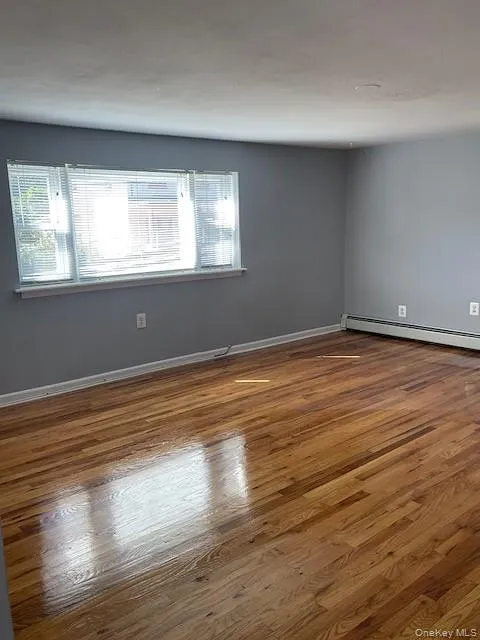 Front window, gleaming hardwood floor and baseboard Front window, gleaming hardwood floor and baseboard