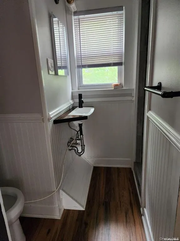 Bathroom with wainscoting and dark wood-style floors Bathroom with wainscoting and dark wood-style floors