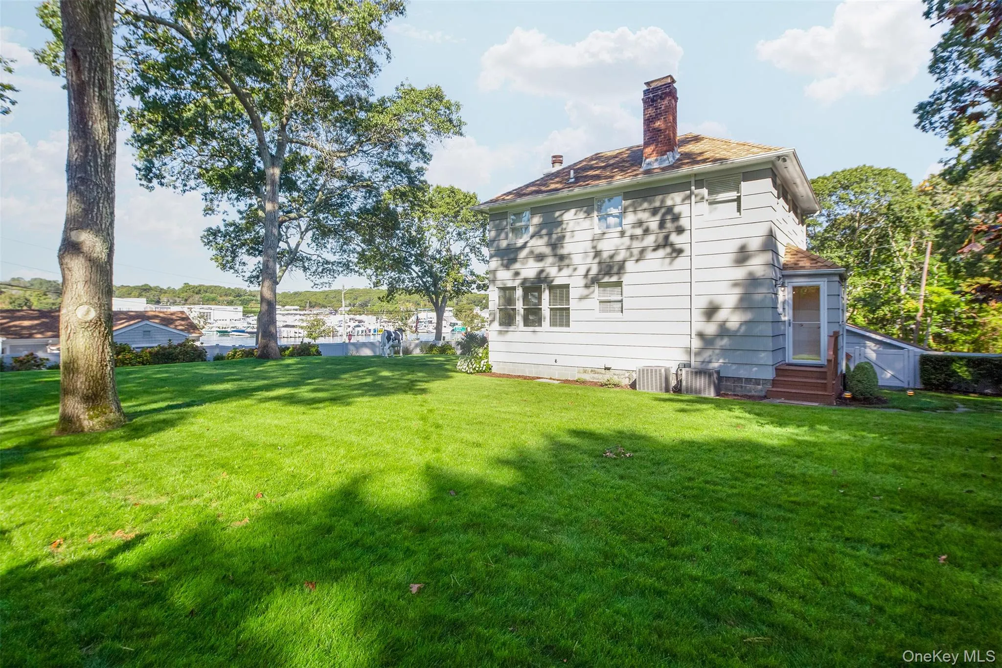 Back of house with a chimney, a yard, and entry steps Back of house with a chimney, a yard, and entry steps
