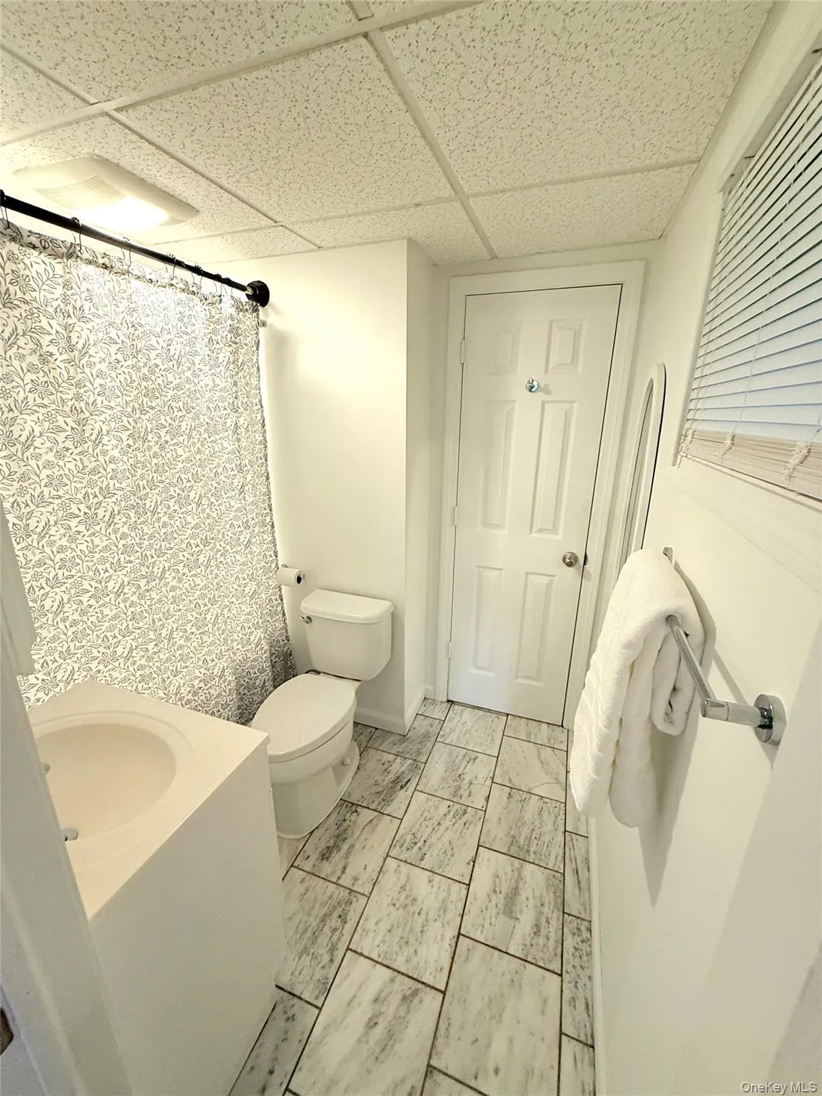 Full bathroom with a drop ceiling, vanity, and a shower with shower curtain Full bathroom with a drop ceiling, vanity, and a shower with shower curtain