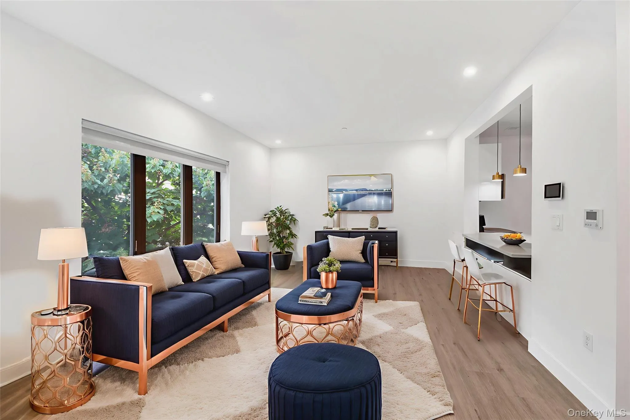 Living room featuring light wood-style flooring and recessed lighting Living room featuring light wood-style flooring and recessed lighting