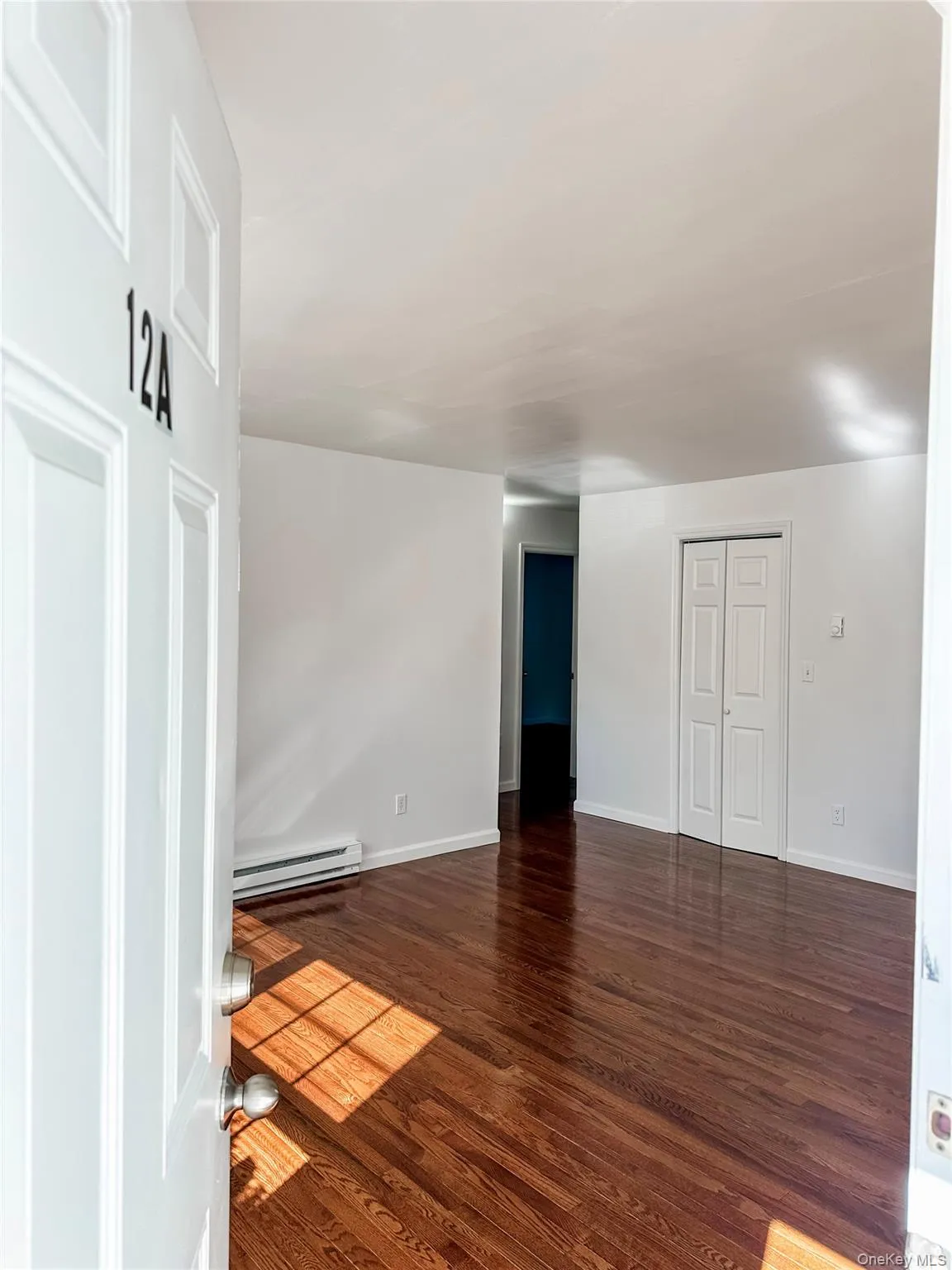 Spare room with dark wood-style floors and a baseboard radiator Spare room with dark wood-style floors and a baseboard radiator