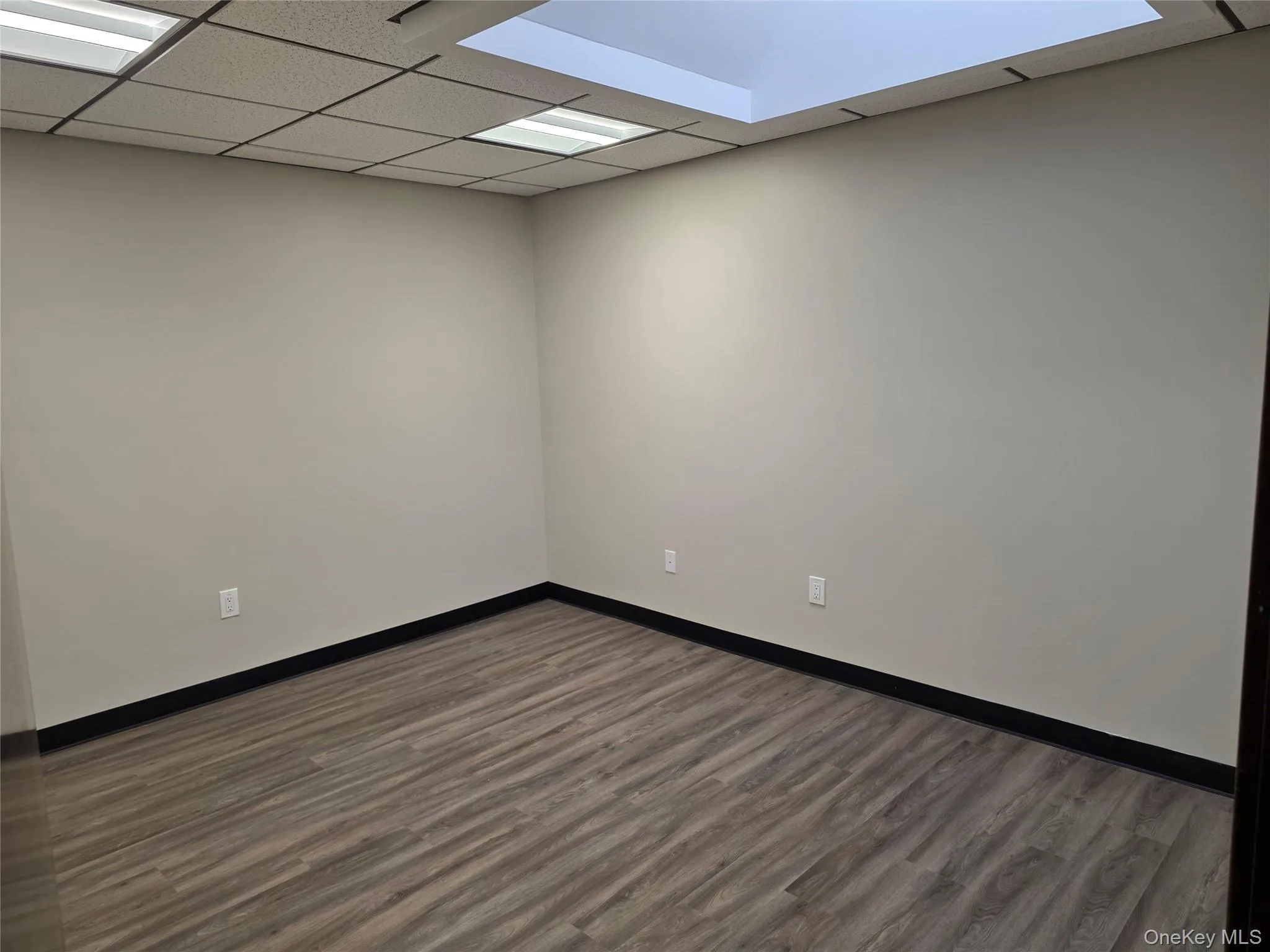 Unfurnished room with dark wood finished floors and a paneled ceiling Unfurnished room with dark wood finished floors and a paneled ceiling