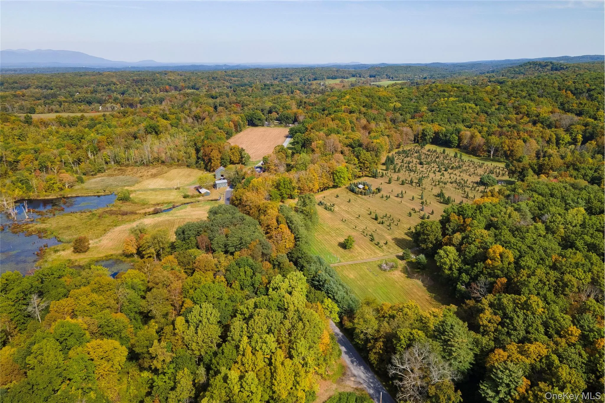 Aerial view of property's location with a forest and a nearby body of water Aerial view of property's location with a forest and a nearby body of water