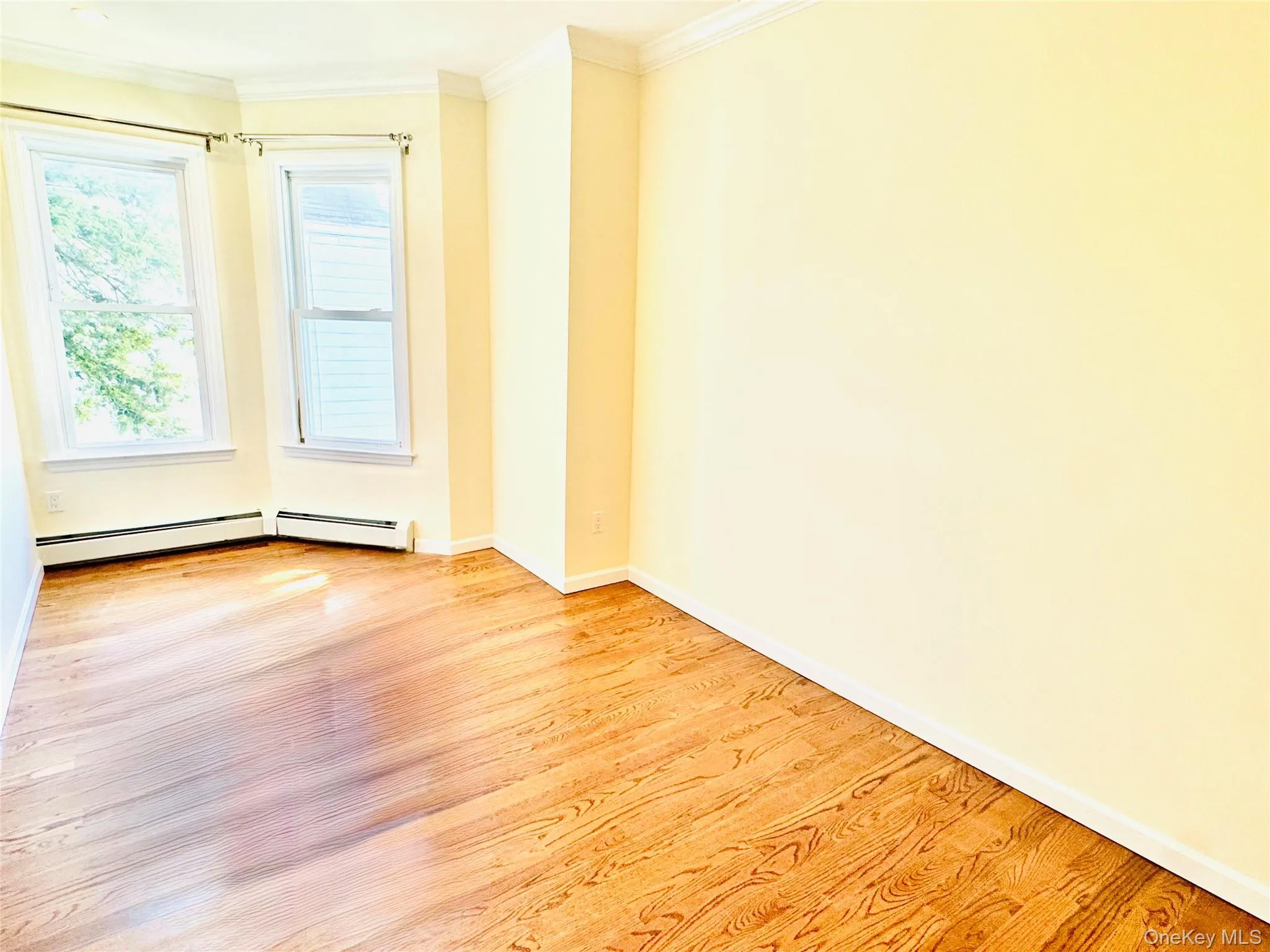 Empty room featuring light wood-style floors and ornamental molding Empty room featuring light wood-style floors and ornamental molding