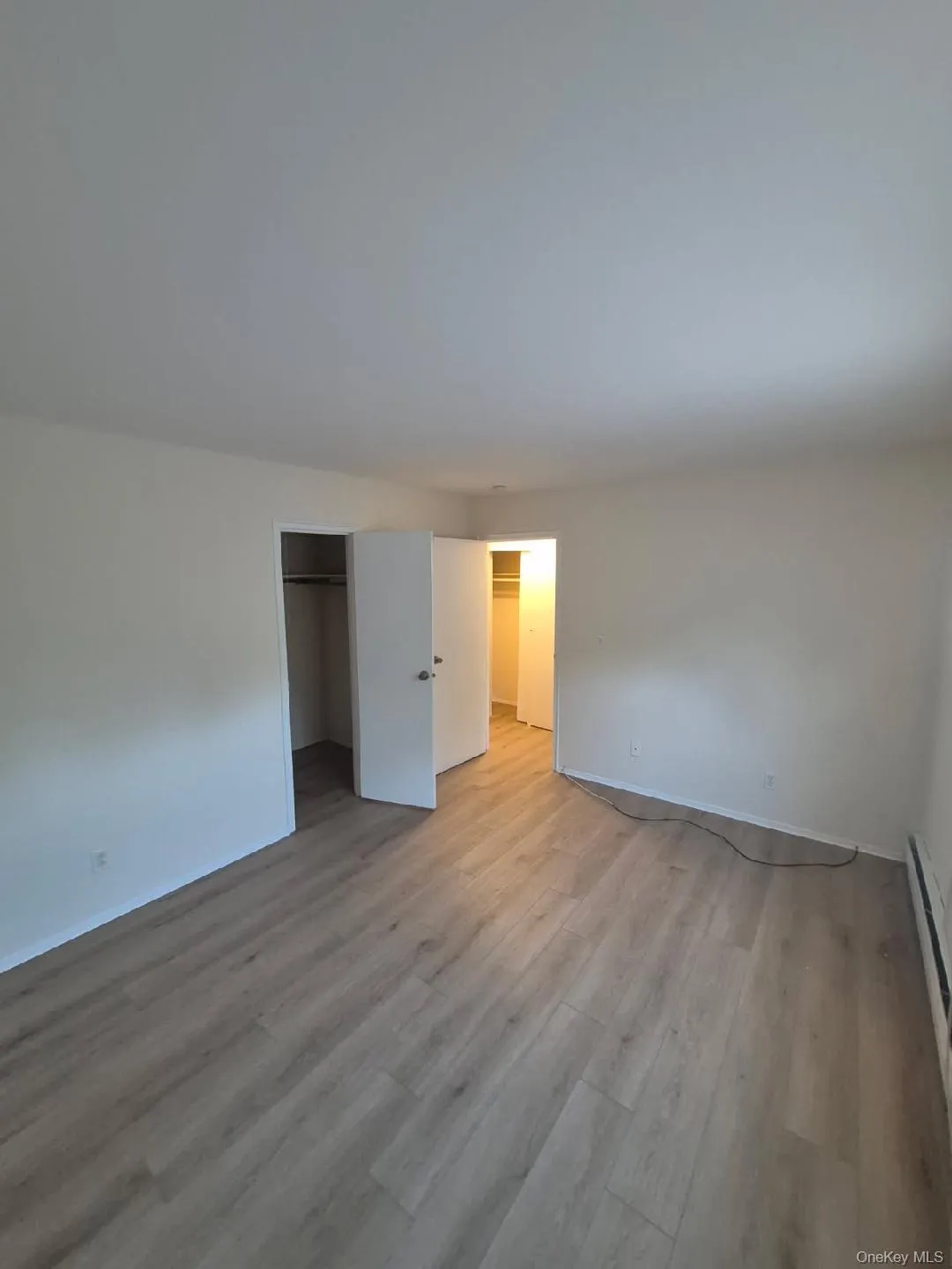 Unfurnished bedroom with light wood-style flooring, baseboard heating, and a walk in closet Unfurnished bedroom with light wood-style flooring, baseboard heating, and a walk in closet