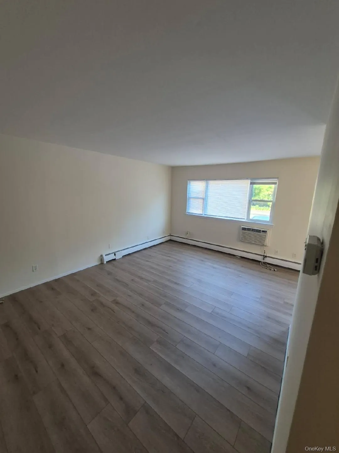 Spare room featuring light wood finished floors, baseboard heating, and a wall mounted AC Spare room featuring light wood finished floors, baseboard heating, and a wall mounted AC
