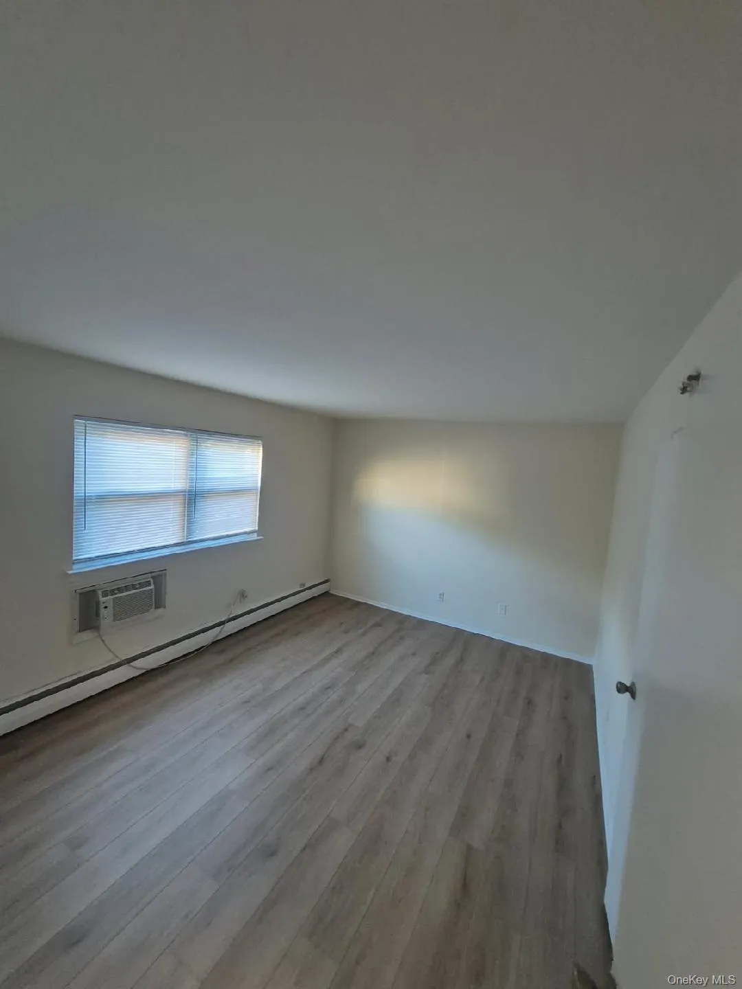 Spare room with baseboard heating, light wood-style floors, and a wall unit AC Spare room with baseboard heating, light wood-style floors, and a wall unit AC