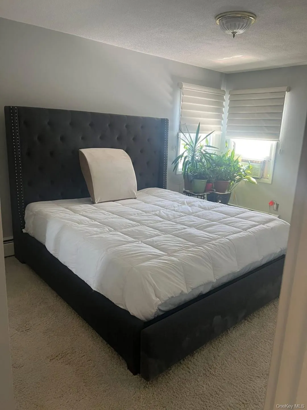 Bedroom with carpet, a textured ceiling, a baseboard heating unit, and cooling unit Bedroom with carpet, a textured ceiling, a baseboard heating unit, and cooling unit